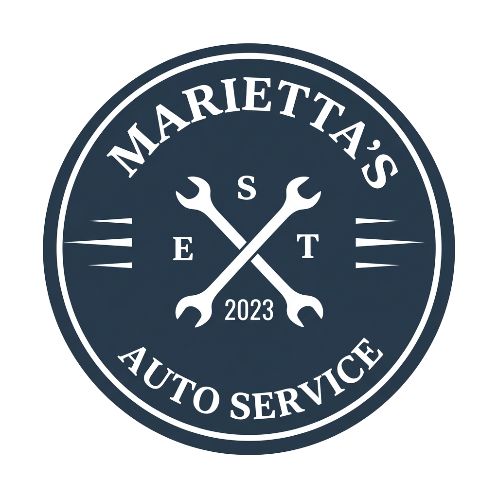 Marietta's Auto Service badge with crossed wrenches, est. 2023
